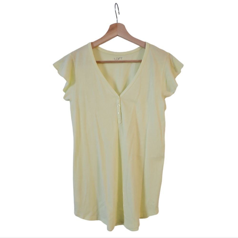 LOFT Daffodil Yellow Spring Henley Half Ruffled Sleeve Tee Cotton Blend S